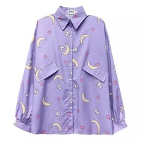 Pastel Purple Anime Star Moon Cartoon Blouse Oversized Long Sleeve Shirt Loose Button Autumn Winter E-Girl Kawaii Korean Japanese Harajuku Streetwear - Thumbnail 7