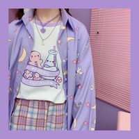 Pastel Purple Anime Star Moon Cartoon Blouse Oversized Long Sleeve Shirt Loose Button Autumn Winter E-Girl Kawaii Korean Japanese Harajuku Streetwear - Thumbnail 9