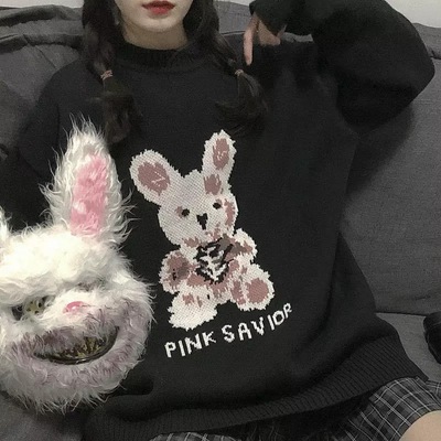 Bunny Knit Casual Sweater Sweatshirt Loose Jumper Long Sleeve Pullover Top Punk Goth E-Girl Kawaii Korean Japanese Harajuku Streetwear