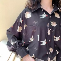 Vintage Angel Love Print Elegant Long Sleeve Shirt Blouse Top Lantern Sleeve Punk Grunge E-Girl Kawaii Korean Japanese Harajuku Streetwear - Thumbnail 3