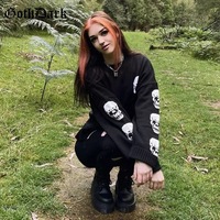 Black Skull Knit Sweater Sweatshirt Crewneck Long Sleeve Pullover Goth Punk Autumn Fall E-Girl Kawaii Korean Japanese Harajuku Streetwear - Thumbnail 1