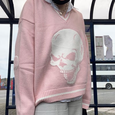 Skull Knit Oversized Loose Sweater Sweatshirt Long Sleeve Pullover Goth Punk Autumn Fall E-Girl Kawaii Korean Japanese Harajuku Streetwear