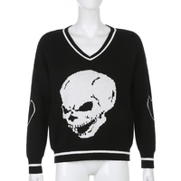 Skull Knit Oversized Loose Sweater Sweatshirt Long Sleeve Pullover Goth Punk Autumn Fall E-Girl Kawaii Korean Japanese Harajuku Streetwear - Thumbnail 1