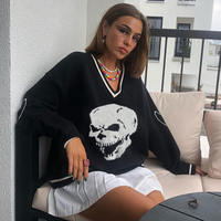 Skull Knit Oversized Loose Sweater Sweatshirt Long Sleeve Pullover Goth Punk Autumn Fall E-Girl Kawaii Korean Japanese Harajuku Streetwear - Thumbnail 7