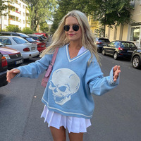 Skull Knit Oversized Loose Sweater Sweatshirt Long Sleeve Pullover Goth Punk Autumn Fall E-Girl Kawaii Korean Japanese Harajuku Streetwear - Thumbnail 8