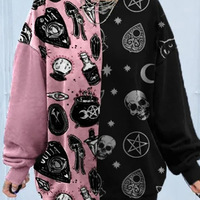Skull Magic Witch Cartoon Print Patchwork Loose Sweater Sweatshirt Long Sleeve Pullover Goth Punk E-Girl Kawaii Korean Japanese Harajuku Streetwear - Thumbnail 2