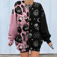 Skull Magic Witch Cartoon Print Patchwork Loose Sweater Sweatshirt Long Sleeve Pullover Goth Punk E-Girl Kawaii Korean Japanese Harajuku Streetwear - Thumbnail 1