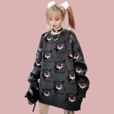 Genger Anime Cartoon Knit Loose Sweater Sweatshirt Long Sleeve Pullover Jumper Winter Goth Punk E-Girl Kawaii Korean Japanese Harajuku Streetwear
