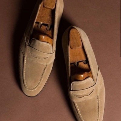 Hand stitch penny loafer slip on beige excelling suede comfortable perfect foot wear men formal shoes