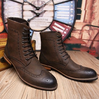 Handmade men high ankle brogue wing tip genuine lace up leather military boot  - Thumbnail 2