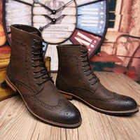 Handmade Men High Ankle Brogue Wing Tip Genuine Lace Up Leather Military Boot  - Thumbnail 1