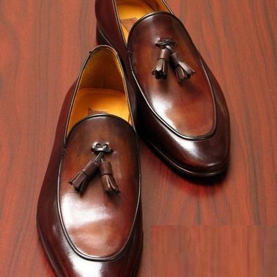 Handmade loafer slip on brown genuine leather rounded derby toe tassel formal shoes