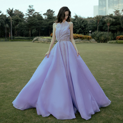 Unique tulle long lilac prom dress a line evening dress - Thumbnail 3
