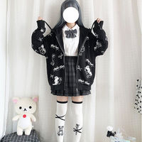 Teddy Bear Scissors Print Hoodie Zip Up Sweater Sweatshirt Long Sleeve Pullover Jumper Goth Punk E-Girl Kawaii Korean Japanese Harajuku Streetwear - Thumbnail 8