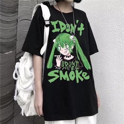 Anime girl smoke cartoon print loose oversized short sleeve t-shirt top summer causal goth punk e-girl kawaii korean japanese harajuku streetwear