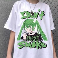 Anime Girl Smoke Cartoon Print Loose Oversized Short Sleeve T-shirt Top Summer Causal Goth Punk E-Girl Kawaii Korean Japanese Harajuku Streetwear - Thumbnail 1