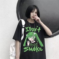 Anime Girl Smoke Cartoon Print Loose Oversized Short Sleeve T-shirt Top Summer Causal Goth Punk E-Girl Kawaii Korean Japanese Harajuku Streetwear - Thumbnail 3
