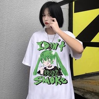 Anime Girl Smoke Cartoon Print Loose Oversized Short Sleeve T-shirt Top Summer Causal Goth Punk E-Girl Kawaii Korean Japanese Harajuku Streetwear - Thumbnail 6