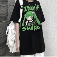 Anime Girl Smoke Cartoon Print Loose Oversized Short Sleeve T-shirt Top Summer Causal Goth Punk E-Girl Kawaii Korean Japanese Harajuku Streetwear - Thumbnail 2
