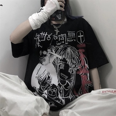 Dark anime girl cartoon print loose short sleeve t-shirt top summer causal goth punk e-girl kawaii korean japanese harajuku streetwear - Thumbnail 4