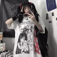 Dark Anime Girl Cartoon Print Loose Short Sleeve T-shirt Top Summer Causal Goth Punk E-Girl Kawaii Korean Japanese Harajuku Streetwear - Thumbnail 3