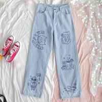 Cat Animal Cartoon Print Loose High Waisted Straight Demin Jeans Trousers Female Pants E-Girl Kawaii Korean Japanese Harajuku Streetwear - Thumbnail 2