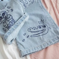 Cat Animal Cartoon Print Loose High Waisted Straight Demin Jeans Trousers Female Pants E-Girl Kawaii Korean Japanese Harajuku Streetwear - Thumbnail 5