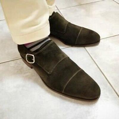 New pure handmade dark green suede leather monk shoes for men's