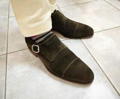 New Pure Handmade Dark Green Suede Leather Monk Shoes for Men's
