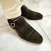 New Pure Handmade Dark Green Suede Leather Monk Shoes for Men's - Thumbnail 4