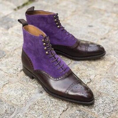 New handmade pure purple suede & brown leather ankle boots for men's