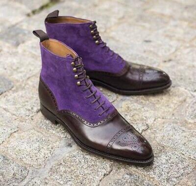 New Handmade Pure Purple Suede & Brown Leather Ankle Boots for Men's