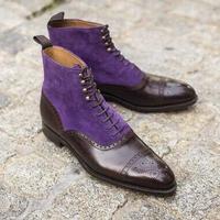 New Handmade Pure Purple Suede & Brown Leather Ankle Boots for Men's - Thumbnail 1