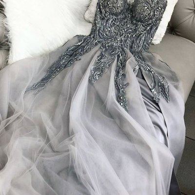 Gorgeous a line spaghetti straps gray long prom/evening dress appliques,790