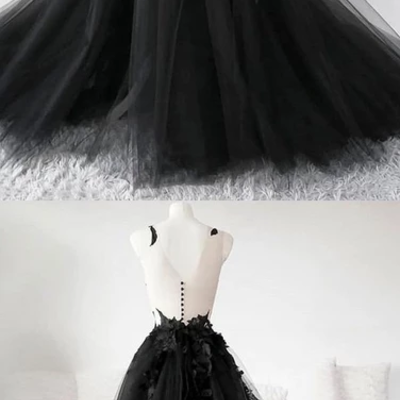 Beautiful a line deep v neck black long prom/evening dresses with appliques,791