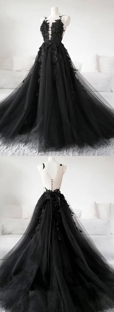 Beautiful A Line Deep V Neck Black Long Prom/Evening Dresses with Appliques,791