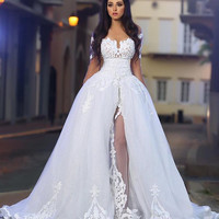 Long Sleeves A-Line Appliques White Elegant Wedding Dresses with Overskirt,792 - Thumbnail 2