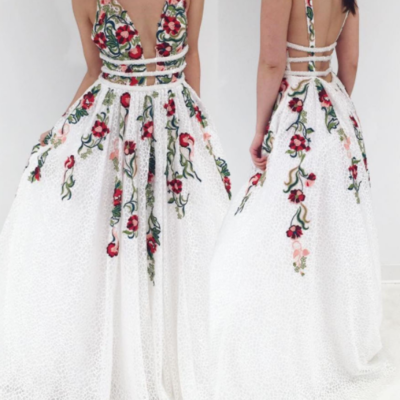 White long prom dress formal dress with floral,backless bridal gowns,floral wedding dresses,793