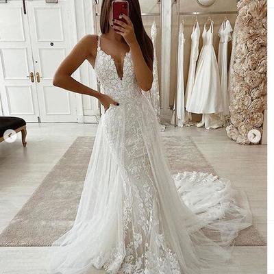 Unique tulle wedding dresses spaghetti straps lace appliquesside slit boho wedding dress,799