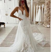 Unique Tulle Wedding Dresses Spaghetti Straps Lace AppliquesSide Slit Boho Wedding Dress,799 - Thumbnail 2