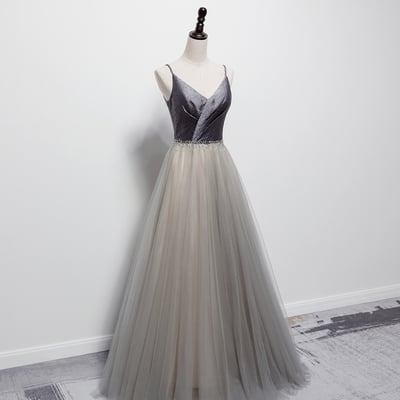 Grey v neck tulle long prom dress evening dress - Thumbnail 3