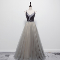 Grey v neck tulle long prom dress evening dress - Thumbnail 1
