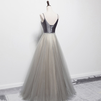 Grey v neck tulle long prom dress evening dress - Thumbnail 4