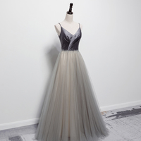 Grey v neck tulle long prom dress evening dress - Thumbnail 5