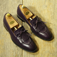Handmade Men's Fringe Split Toe Shoes, Men's Purple Leather Tussles Shoes - Thumbnail 2