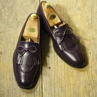 Handmade Men's Fringe Split Toe Shoes, Men's Purple Leather Tussles Shoes - Thumbnail 1