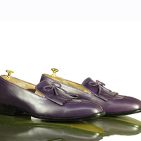 Handmade Men's Fringe Split Toe Shoes, Men's Purple Leather Tussles Shoes - Thumbnail 5