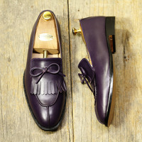 Handmade Men's Fringe Split Toe Shoes, Men's Purple Leather Tussles Shoes - Thumbnail 3