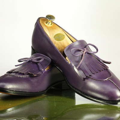 Handmade men's fringe split toe shoes, men's purple leather tussles shoes - Thumbnail 1
