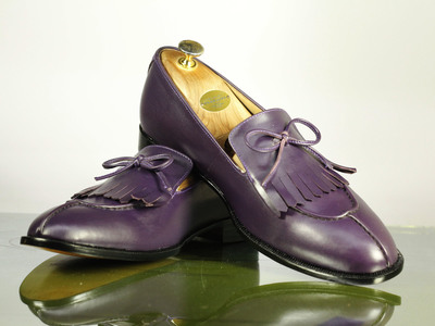 Handmade Men's Fringe Split Toe Shoes, Men's Purple Leather Tussles Shoes